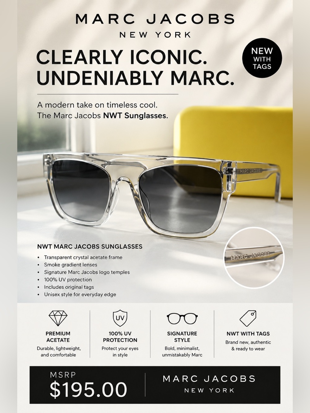 Marc Jacobs Clear Frame Sunglasses with Smoke Lenses